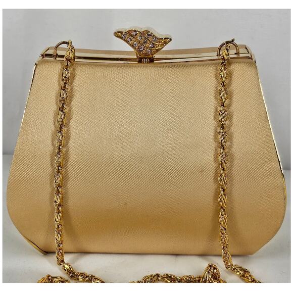 JESSICA MCCLINTOCK VINTAGE BLACK SATIN EVENING BAG 4"H x 5"L x 3"W 22" CHAIN - Picture 2 of 15